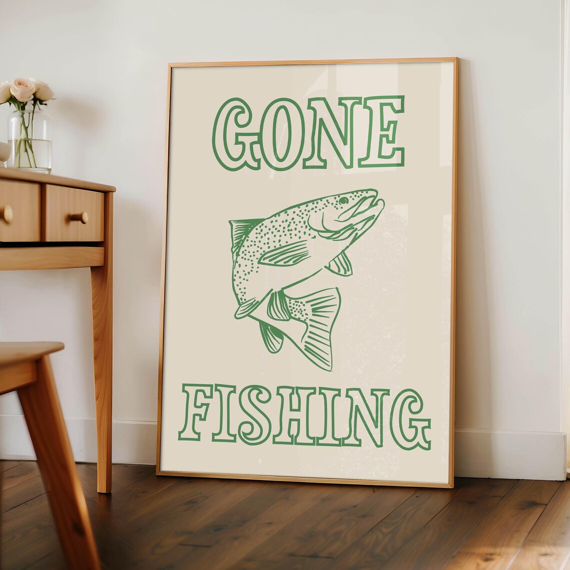 Gone Fishing Leaping Trout Line Art Green Retro Cabin Lake Poster - Image 2