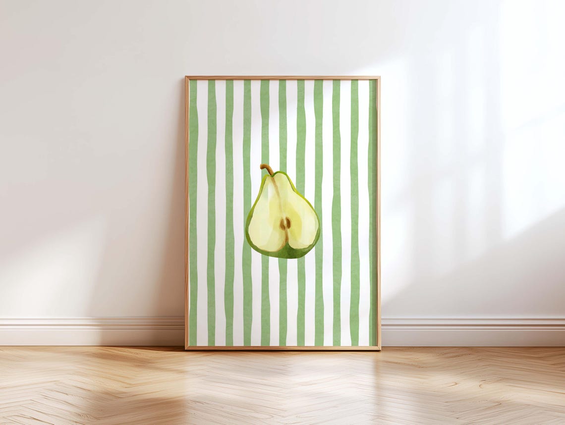 Fresh Green Striped Pear Half Danish Pastel Kitchen Decor Poster