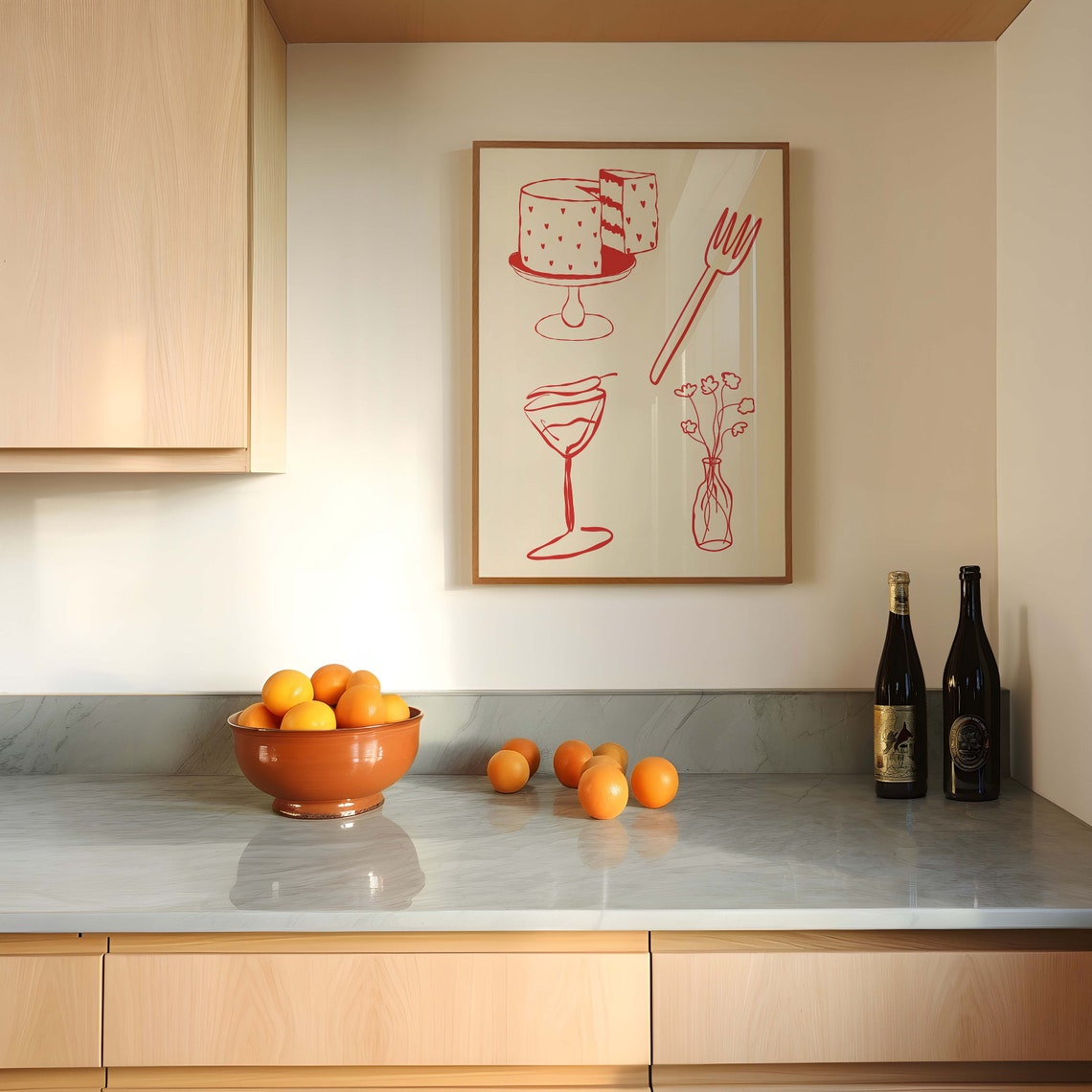 Red Line Art Cake Fork Cocktail Glass Floral Chic Kitchen Wall Poster - Image 3