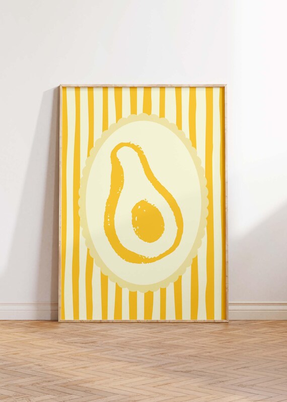 Yellow Avocado Half Striped Scalloped Retro Funky Kitchen Poster