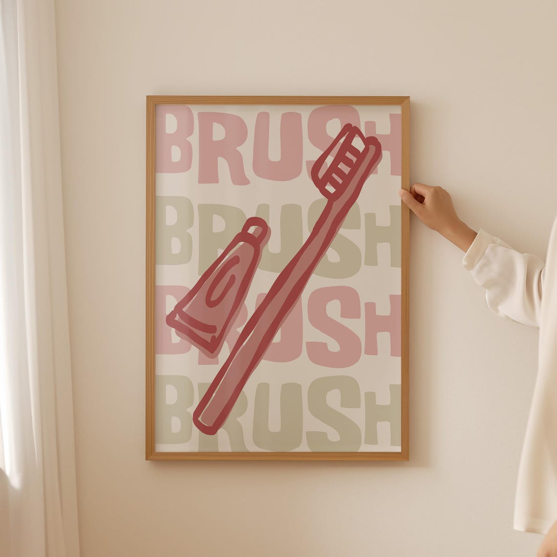 Brush Your Teeth Toothbrush Red Repeat Typography Bathroom Print - Image 2