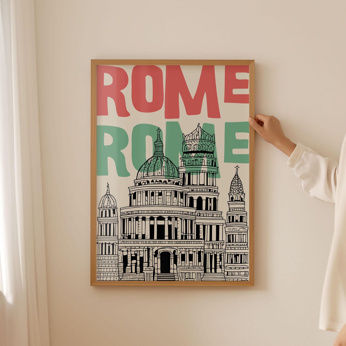 Rome Red and Green Typography Domed Basilica Sketch Art Poster