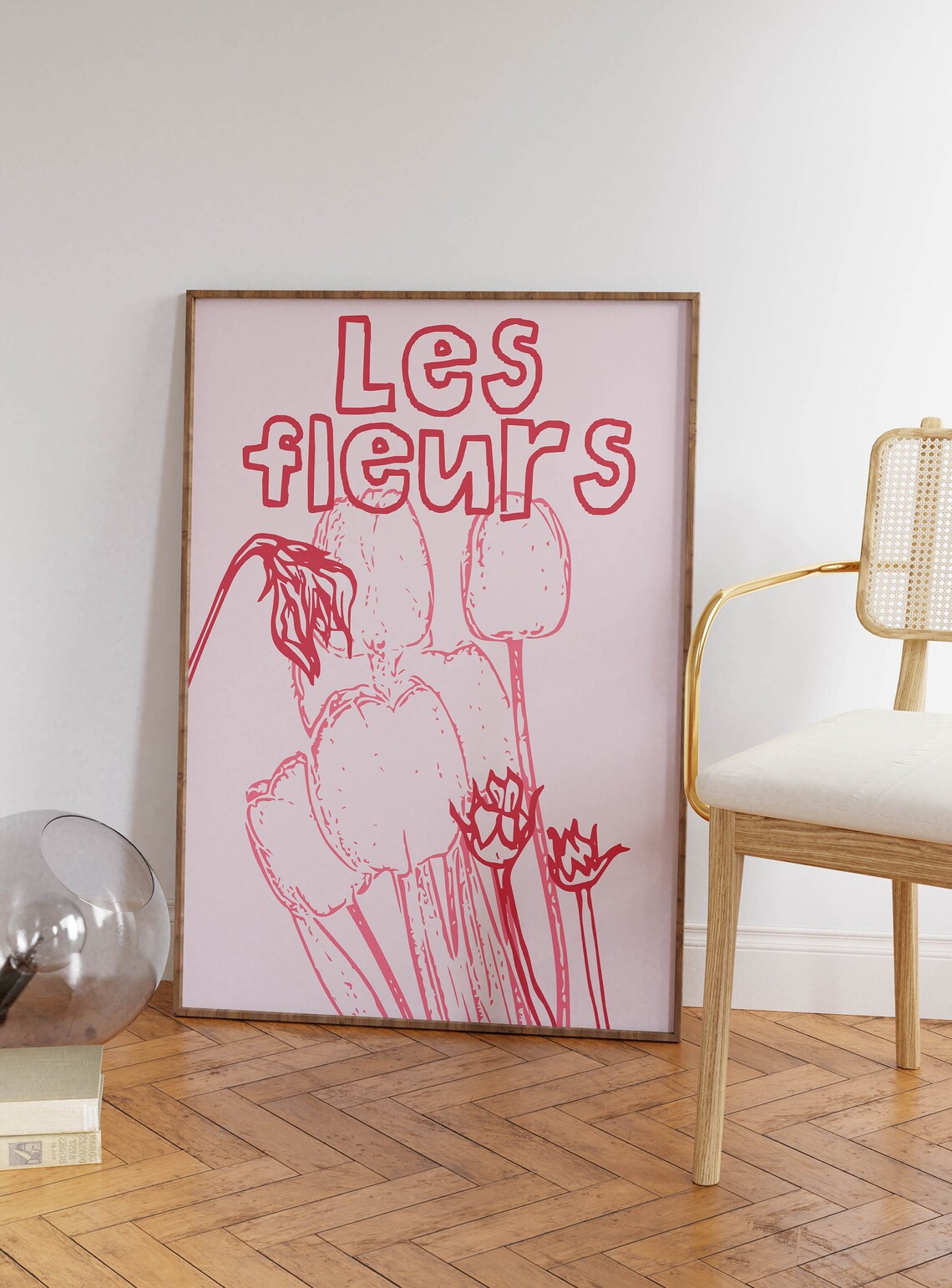 Les Fleurs Red Hand Drawn Tulips On Pink French Floral Poster