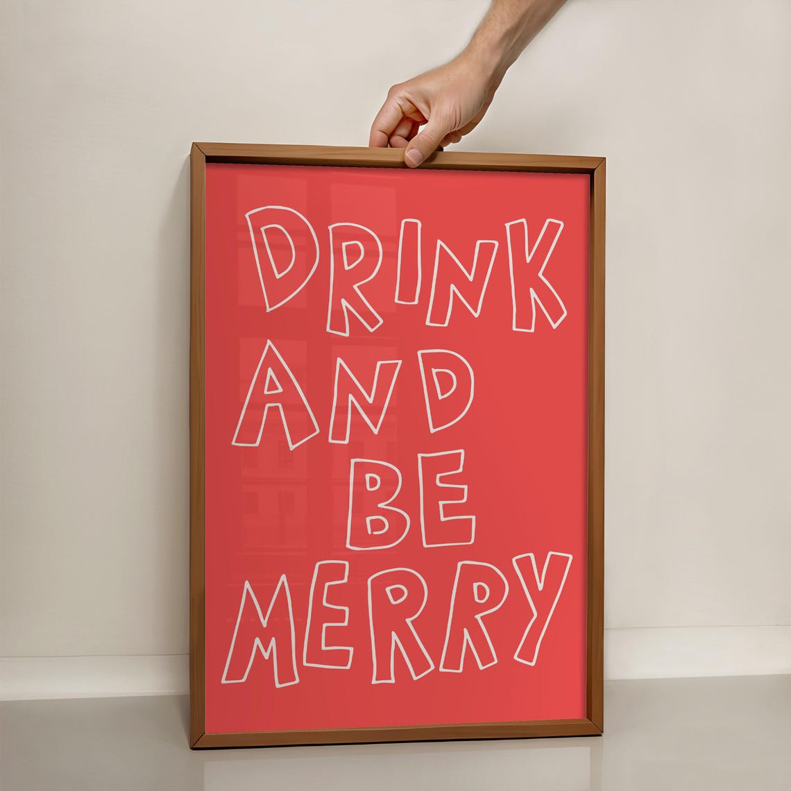 Drink And Be Merry Red Hand Lettered Typography Party Bar Poster - Image 4