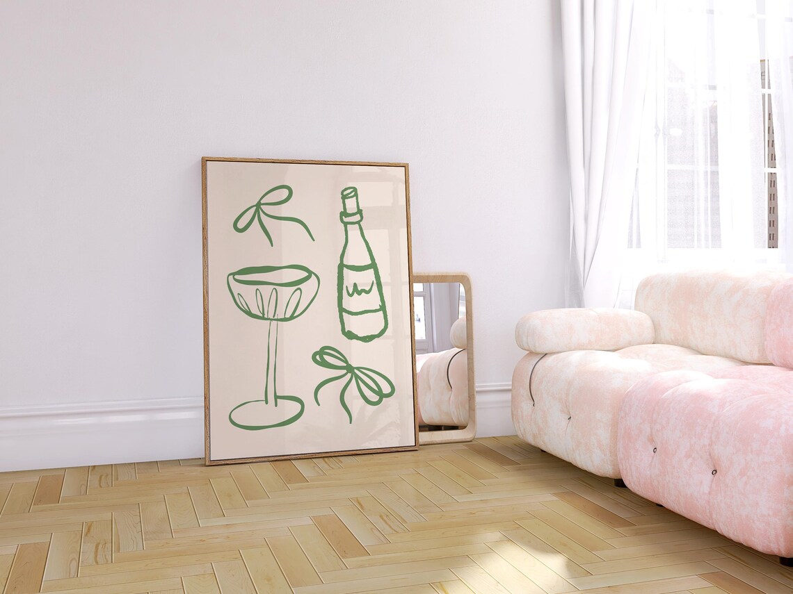 Trendy Green Coquette Bar Cart Cocktail Line Art Kitchen Poster - Image 2