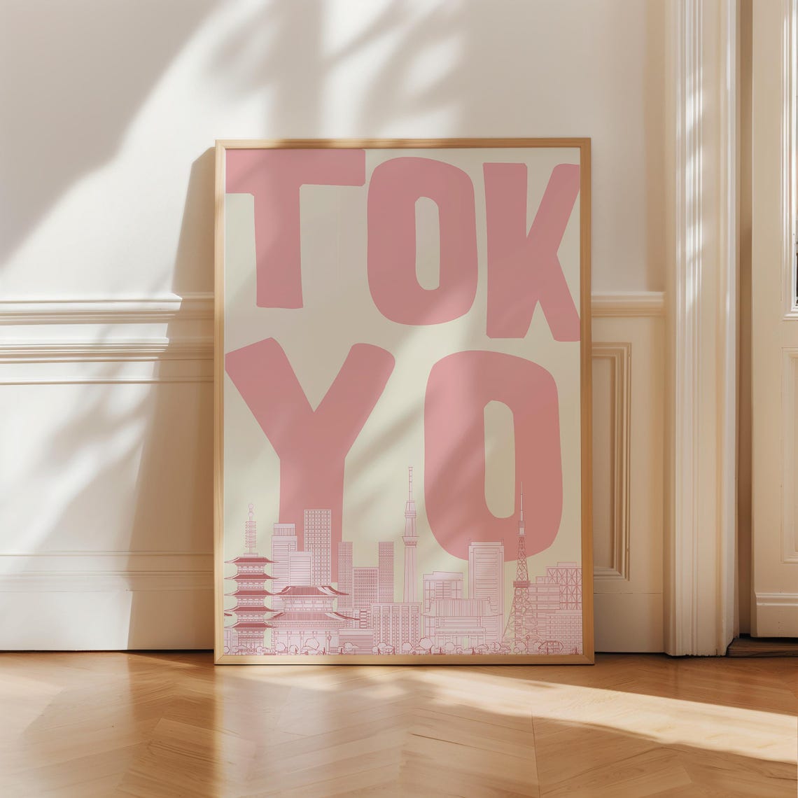 Tokyo Skyline Line Art Pink Pagoda Tower Retro City Travel Poster - Image 2
