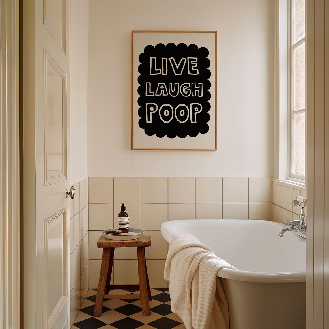 Live Laugh Poop Funny Bathroom Quote Black Retro Decor Scallop Poster - Image 3