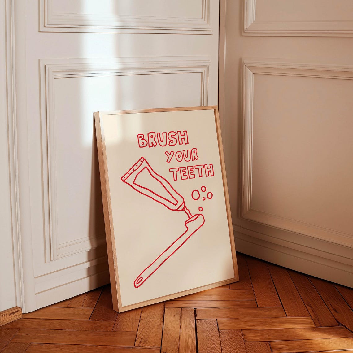 Fun Brush Your Teeth Red Toothpaste Doodle Bathroom Quote Print - Image 3