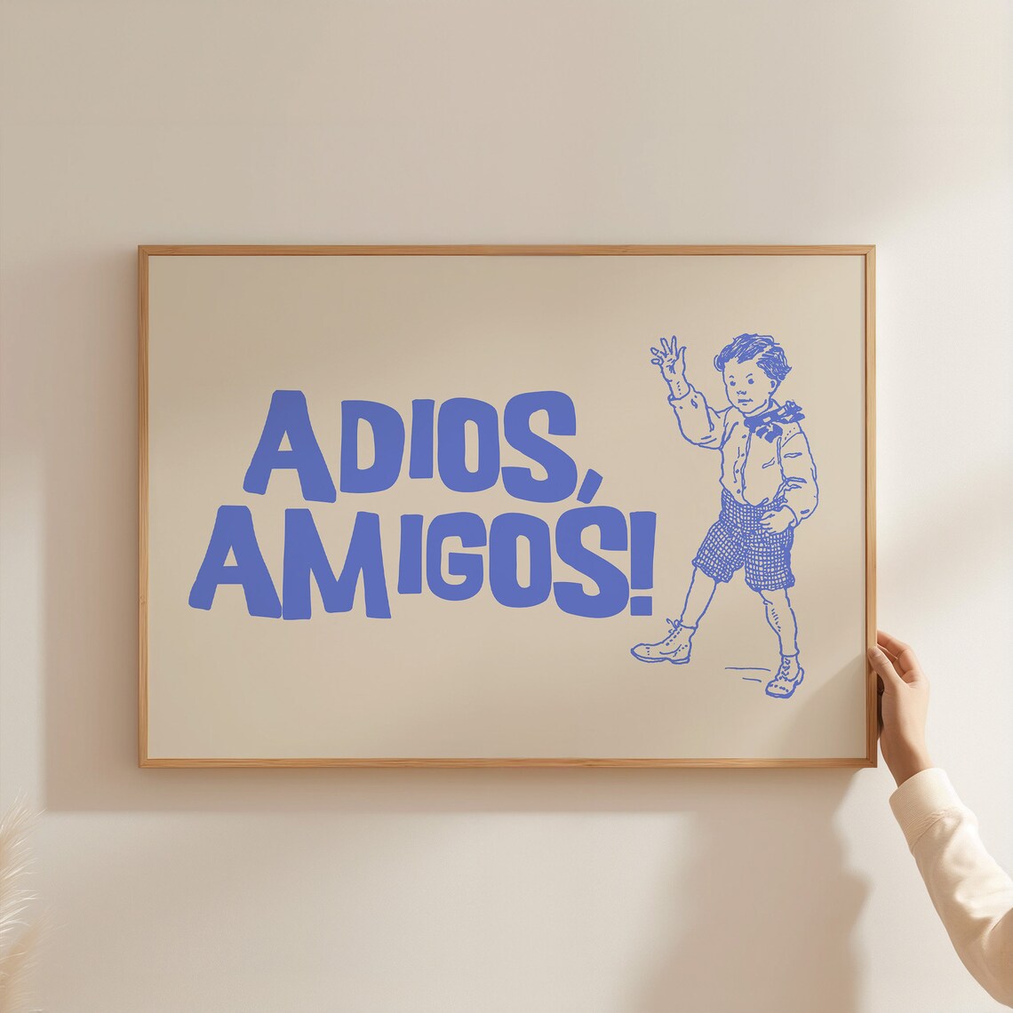 Adios Amigos Blue Farewell Poster with Vintage Waving Boy Illustration