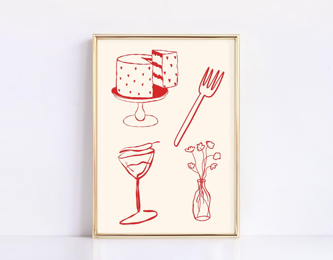 Red Line Art Cake Fork Cocktail Glass Floral Chic Kitchen Wall Poster