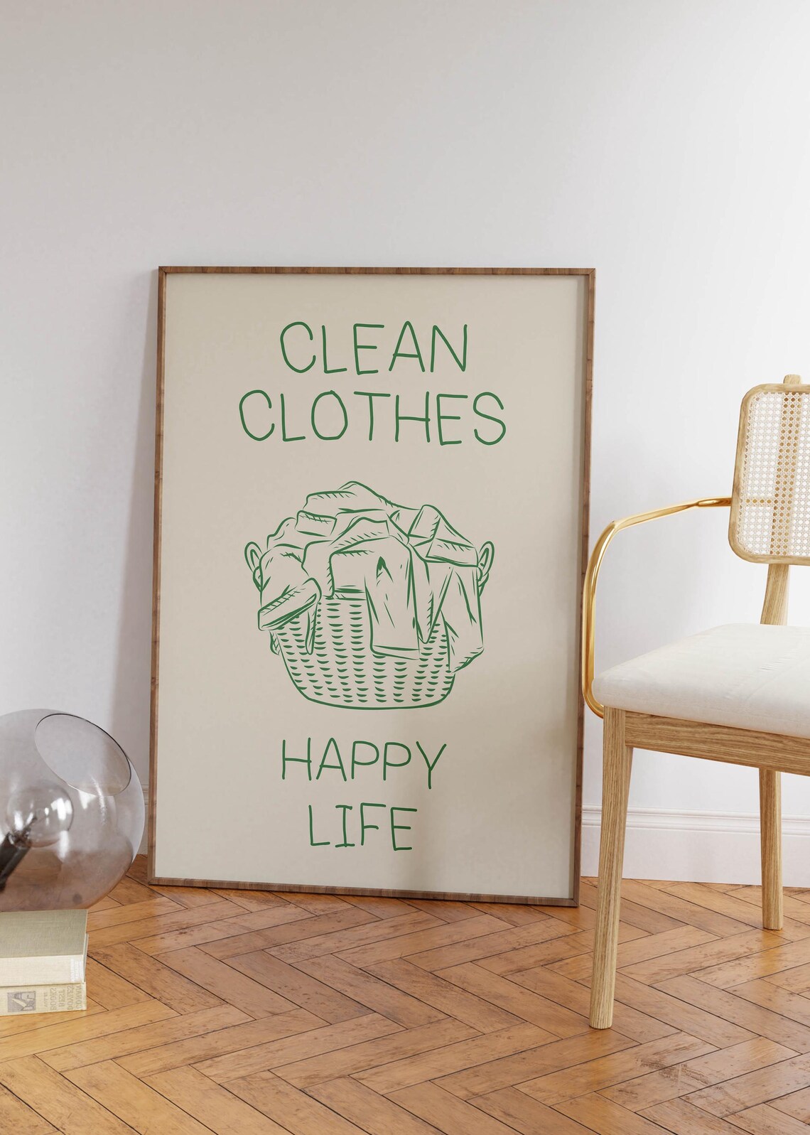 Clean Clothes Happy Life Laundry Poster Green Basket Line Art on Cream - Image 3
