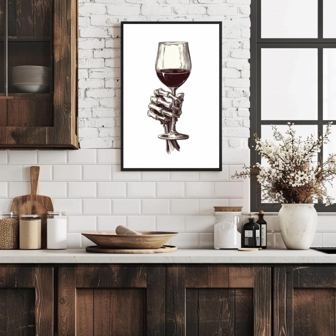 Skeleton Wine Gothic Illustration, Bar Decor - Image 2