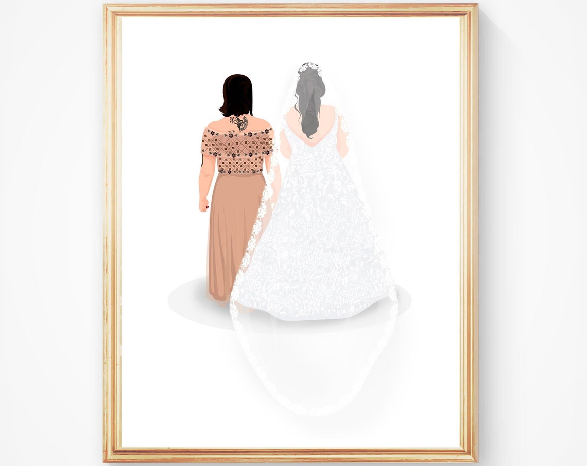 Custom Back View Bride in White Lace Gown With Woman in Tan Dress Poster