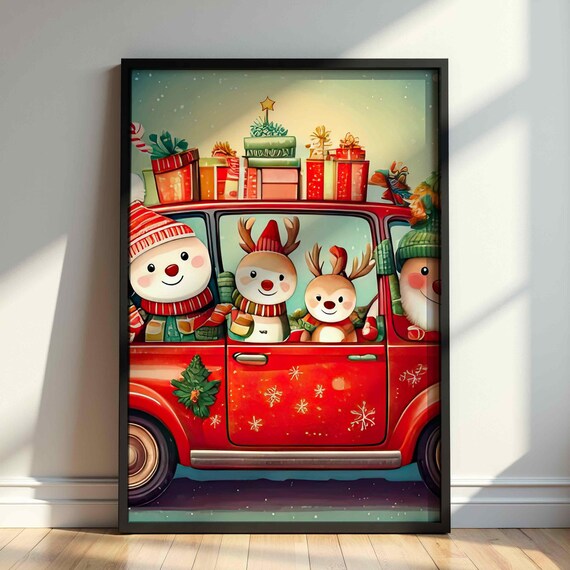 Christmas Red Car Snowman Reindeer Gifts Festive Holiday Wall Art
