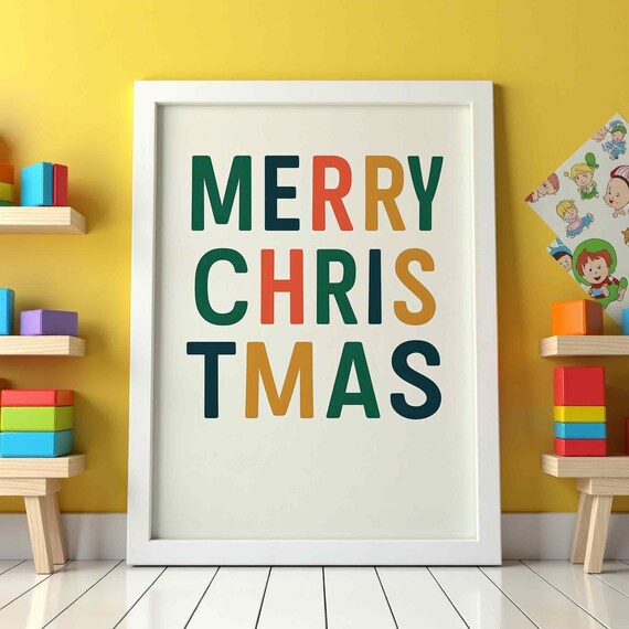 Merry Christmas Colorful Block Letter Kids Room Holiday Poster