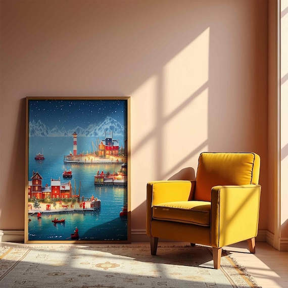 Snowy Christmas Harbor Lighthouse Village Night Scene Wall Art