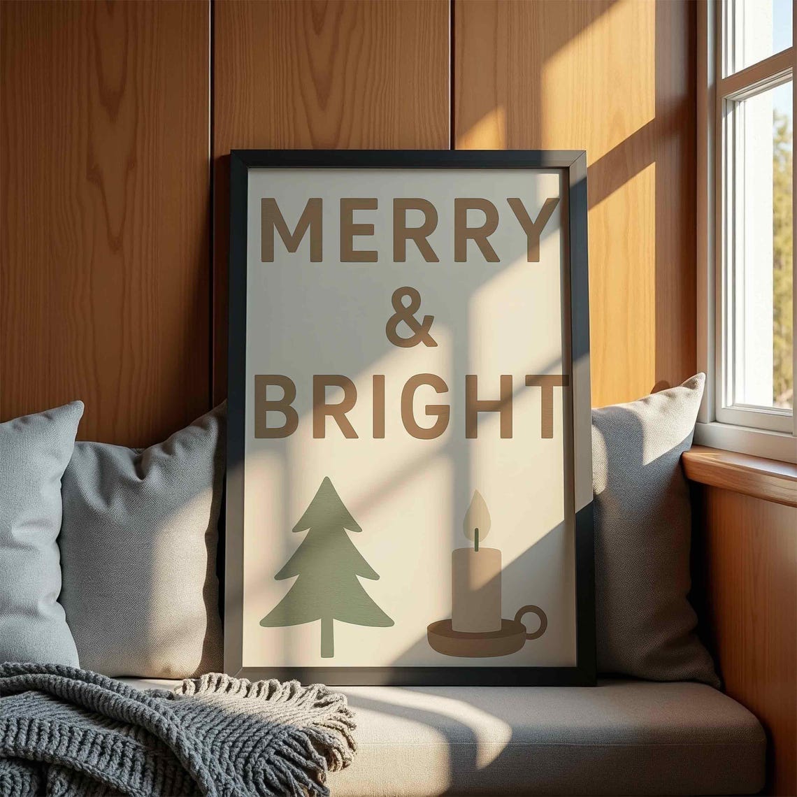 Merry and Bright Minimalist Christmas Tree Candle Holiday Wall Art