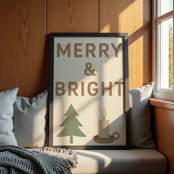 Merry and Bright Minimalist Christmas Tree Candle Holiday Wall Art