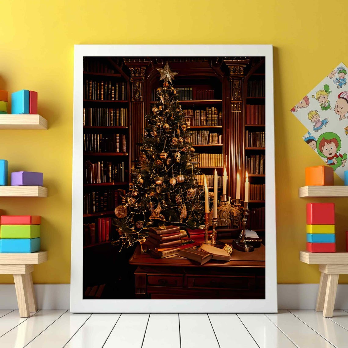 Cozy Christmas Tree Library Bookshelf Holiday Wall Poster Warm