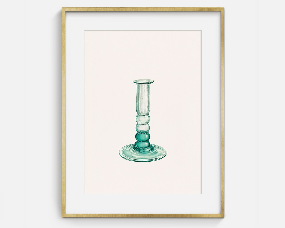 Green Glass Bubble Stem Candlestick Antique Watercolor Drawing Poster - Image 2