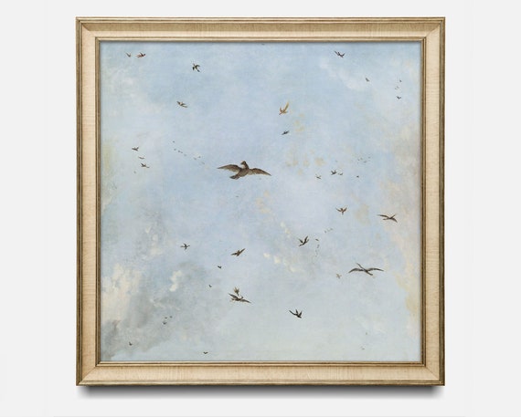 Minimalist Vintage Birds In Blue Sky Art Print