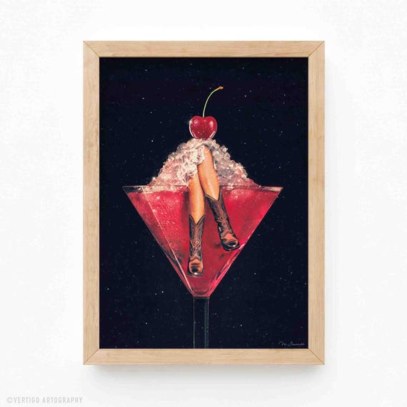 Cherry Cowgirl Margarita Art Print Vintage Western Cocktail Decor