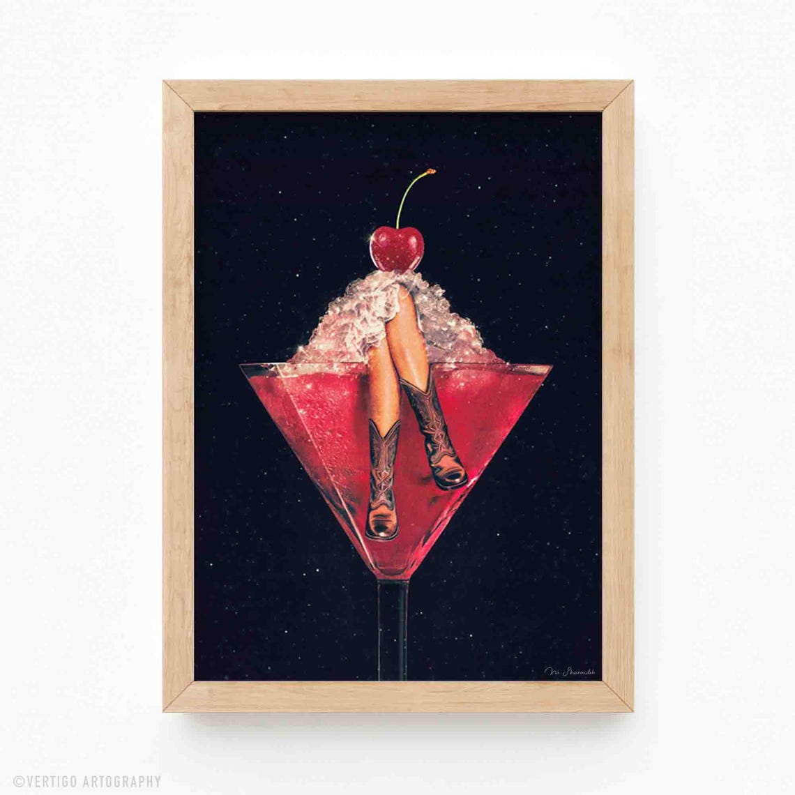 Cherry Cowgirl Margarita Art Print Vintage Western Cocktail Decor
