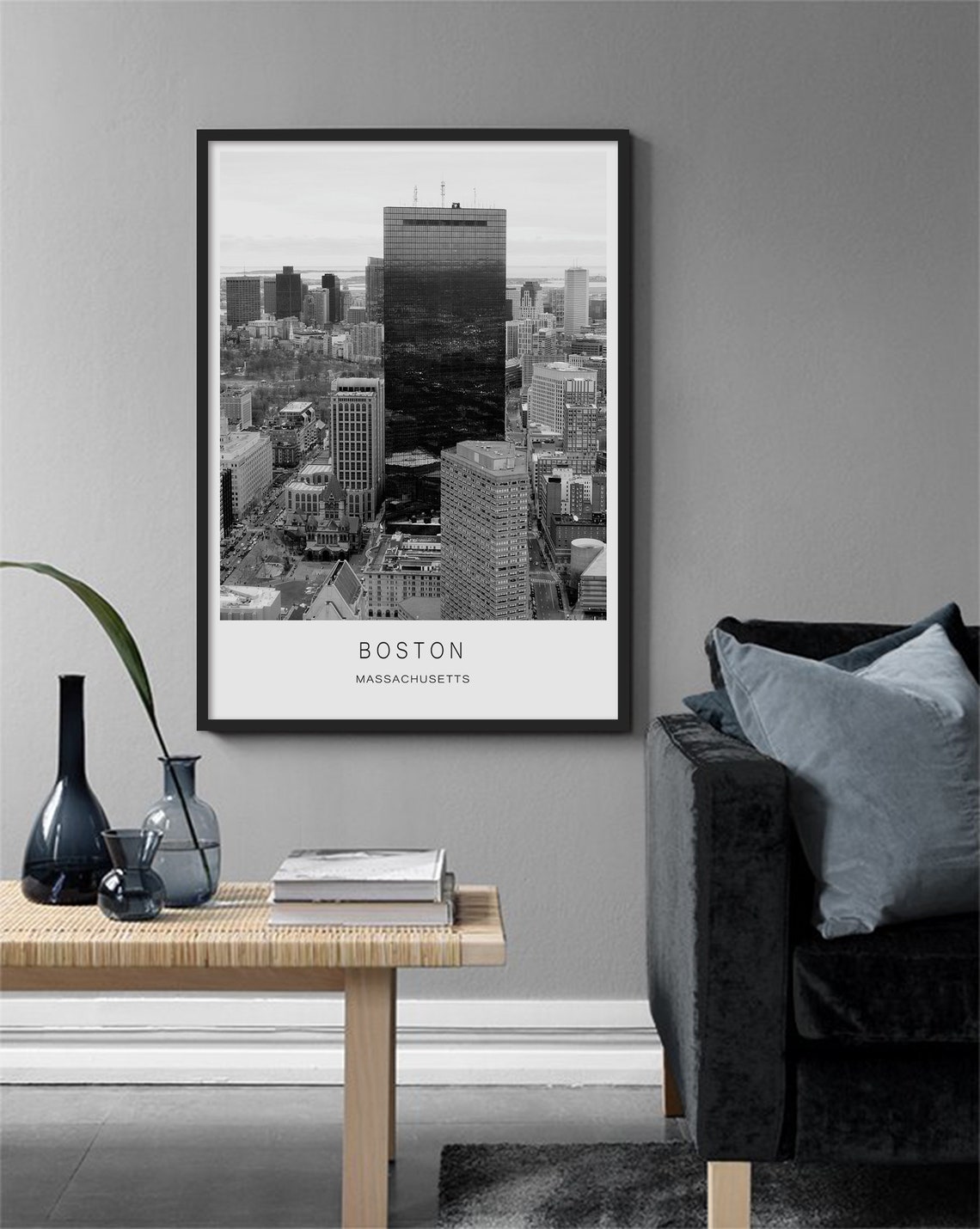 Boston Massachusetts Skyline Black White Downtown View Poster - Image 2