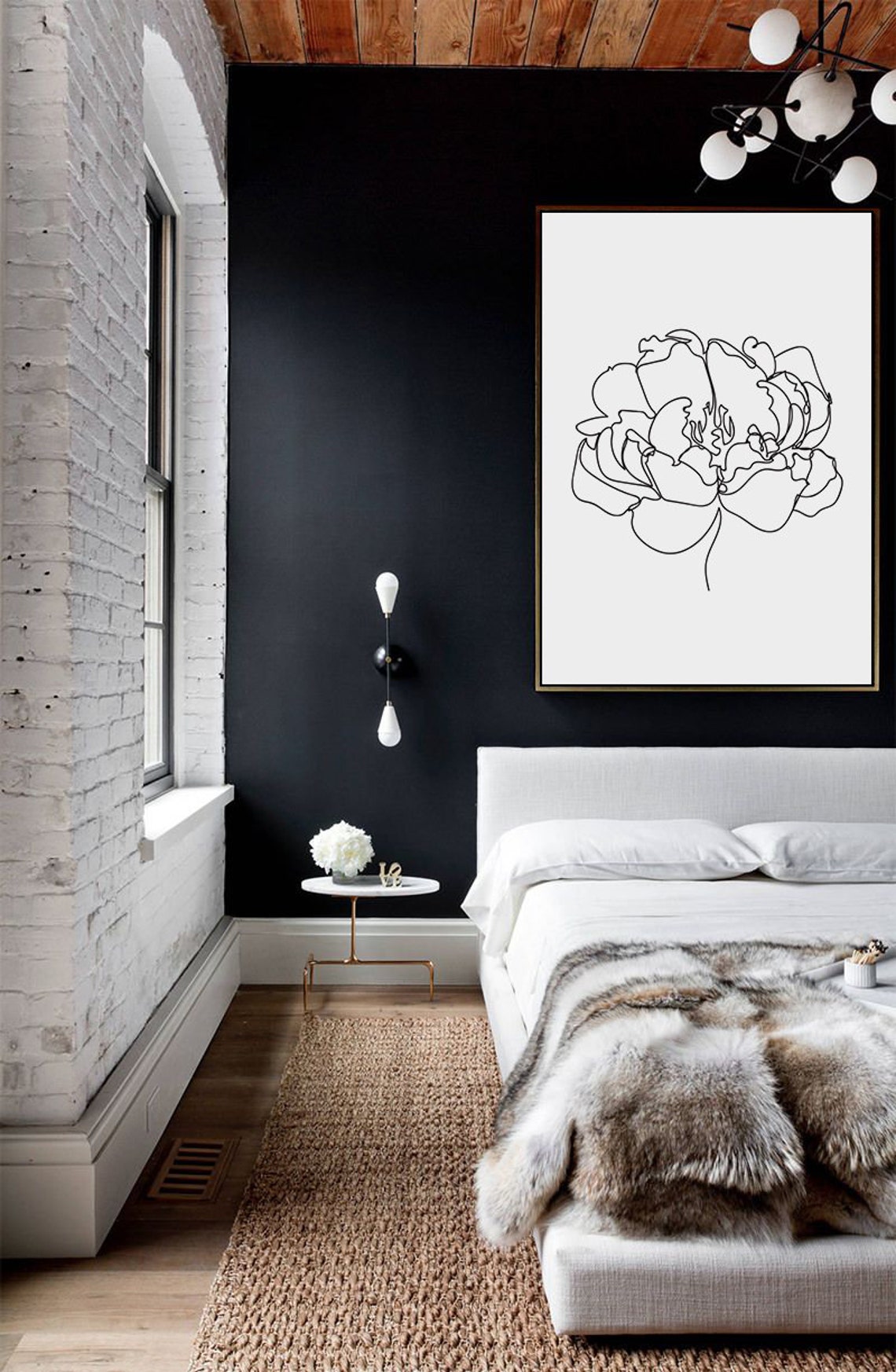 Peony Continuous One Line Drawing Minimalist Black Floral Art Print - Image 3