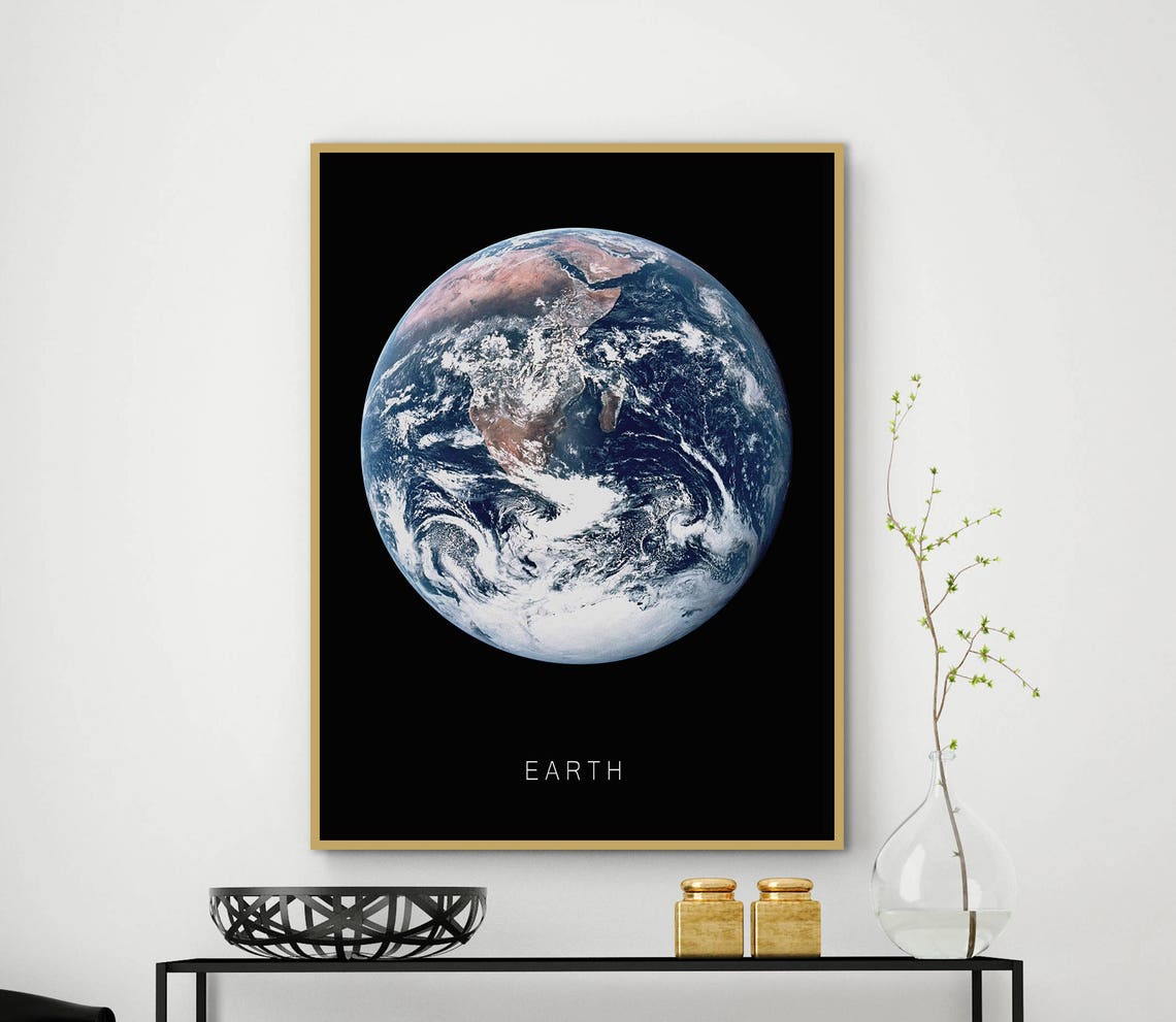 Earth From Space Planet Minimalist Black Background Wall Print