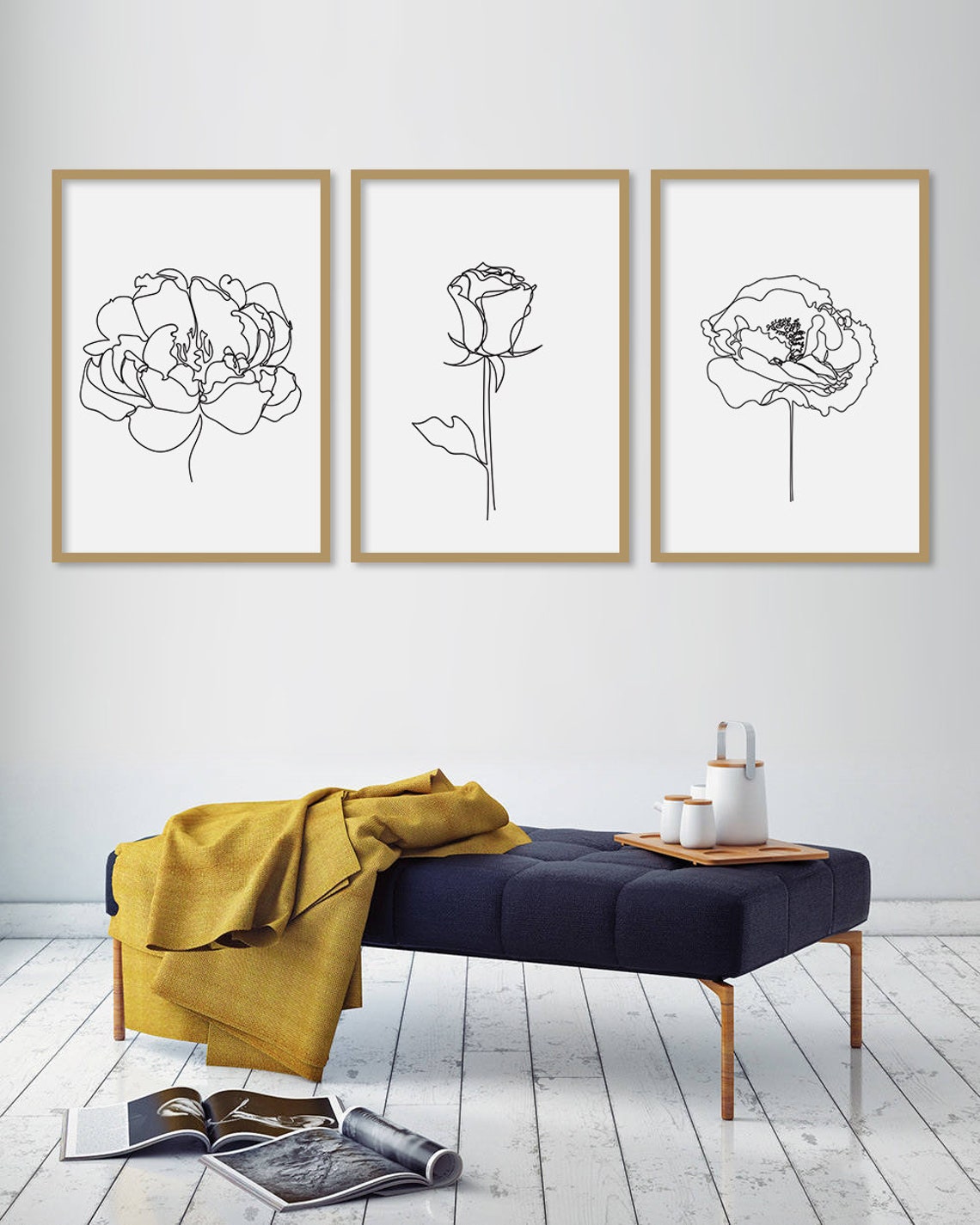 Peony Continuous One Line Drawing Minimalist Black Floral Art Print - Image 2