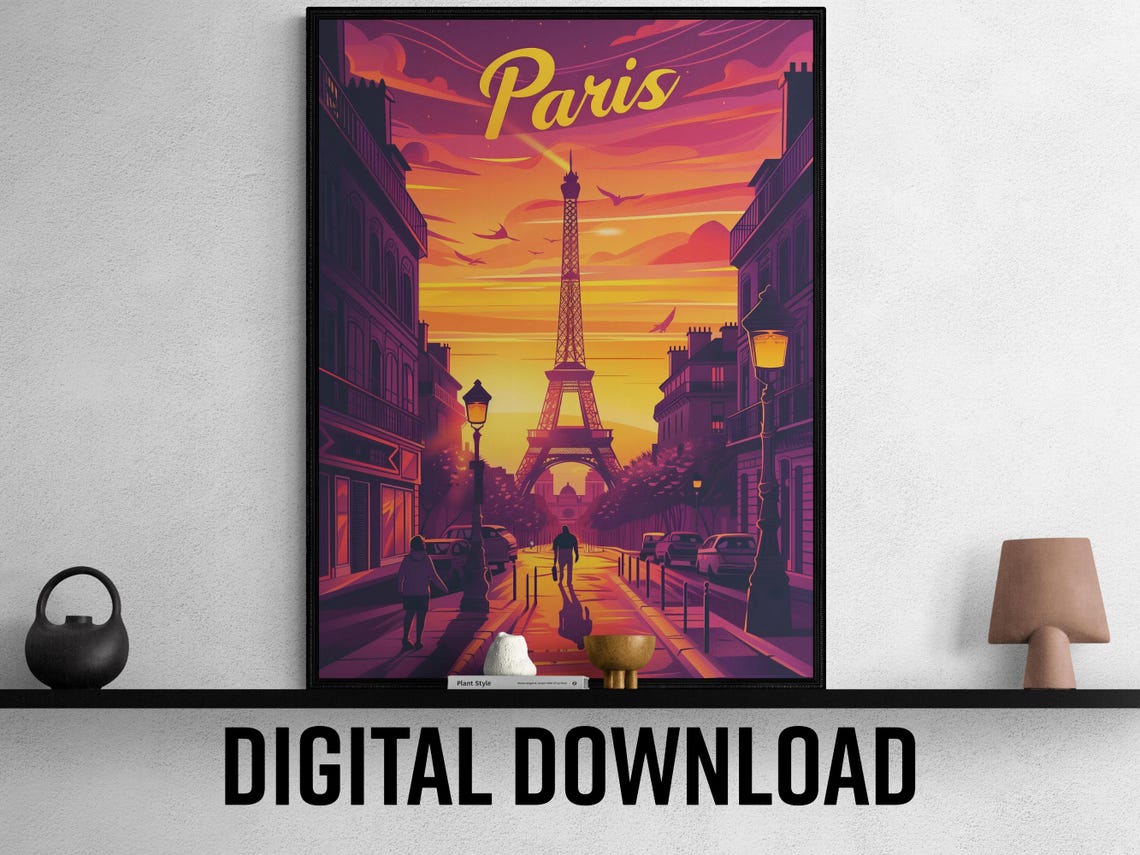 Paris France Eiffel Tower Street Sunset Vintage Travel Poster
