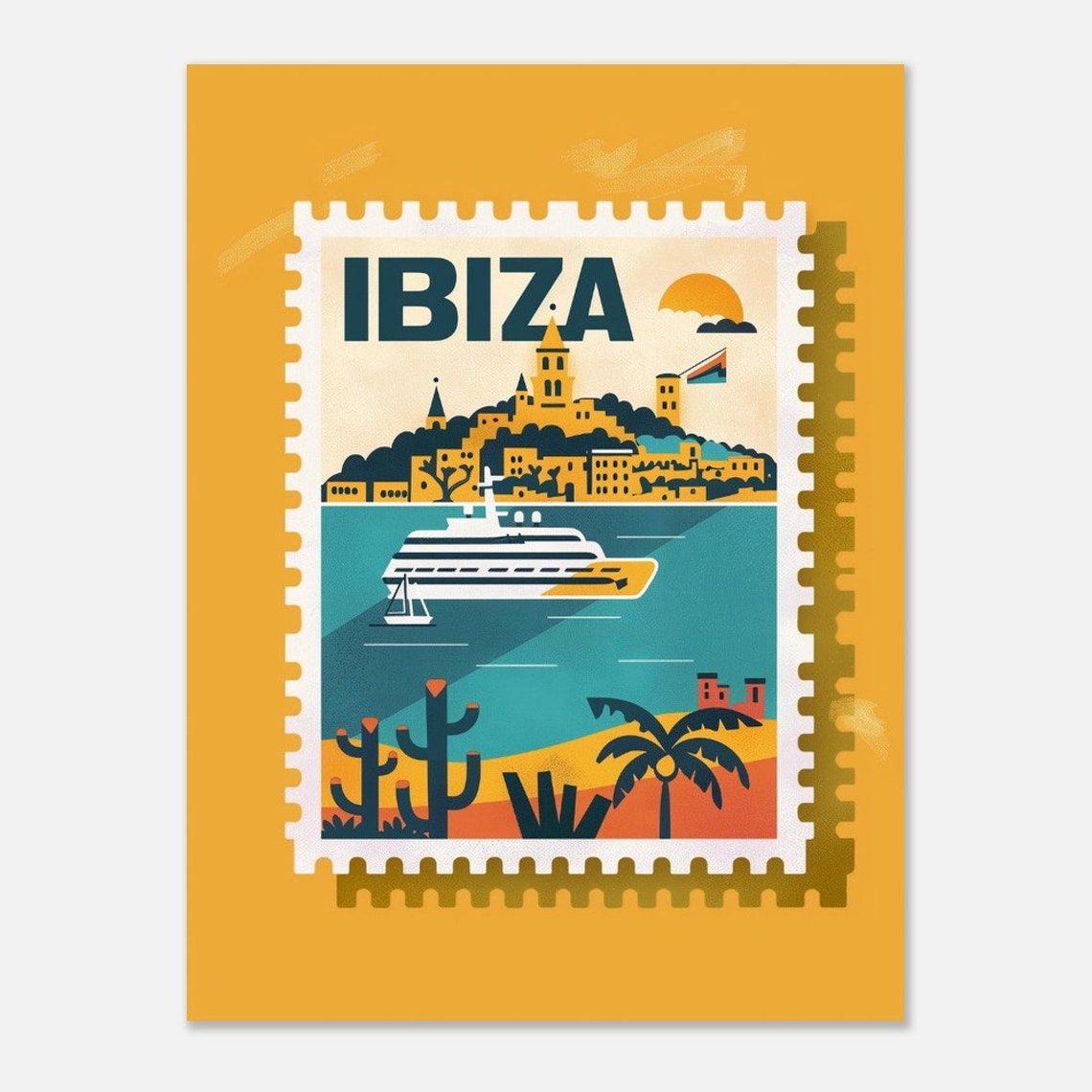 Ibiza Cruise Ship Old Town Harbor Postage Stamp Style Travel Poster - Image 2