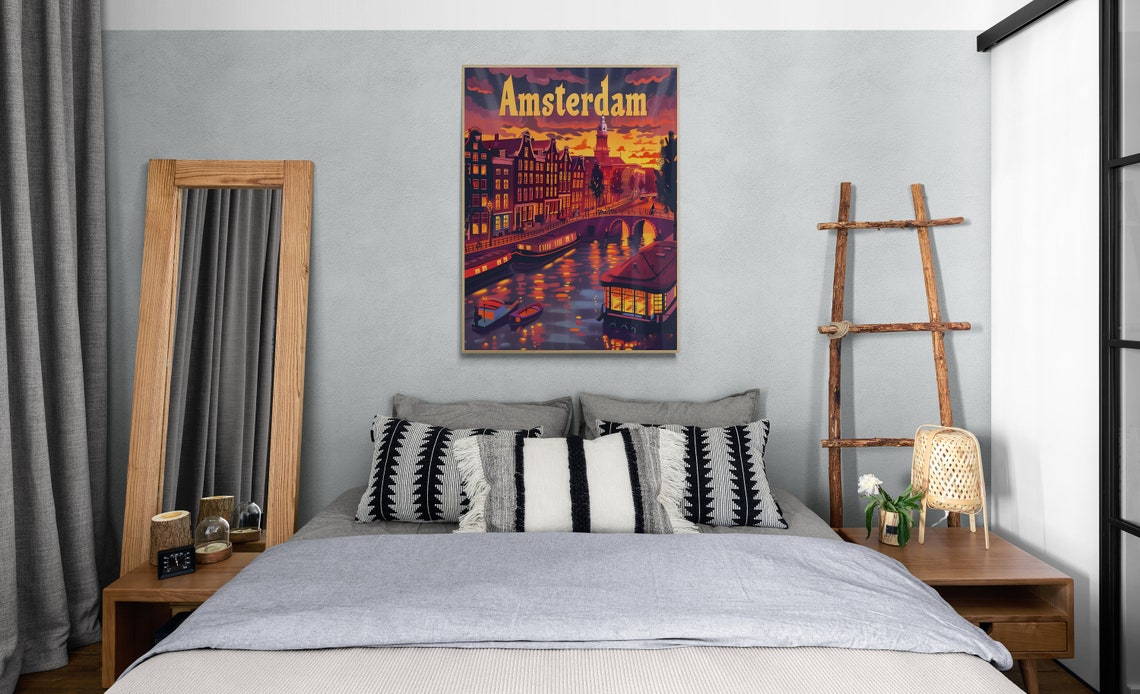 Amsterdam Night Canal Houseboats Bridge Glow Vintage Travel Poster - Image 5