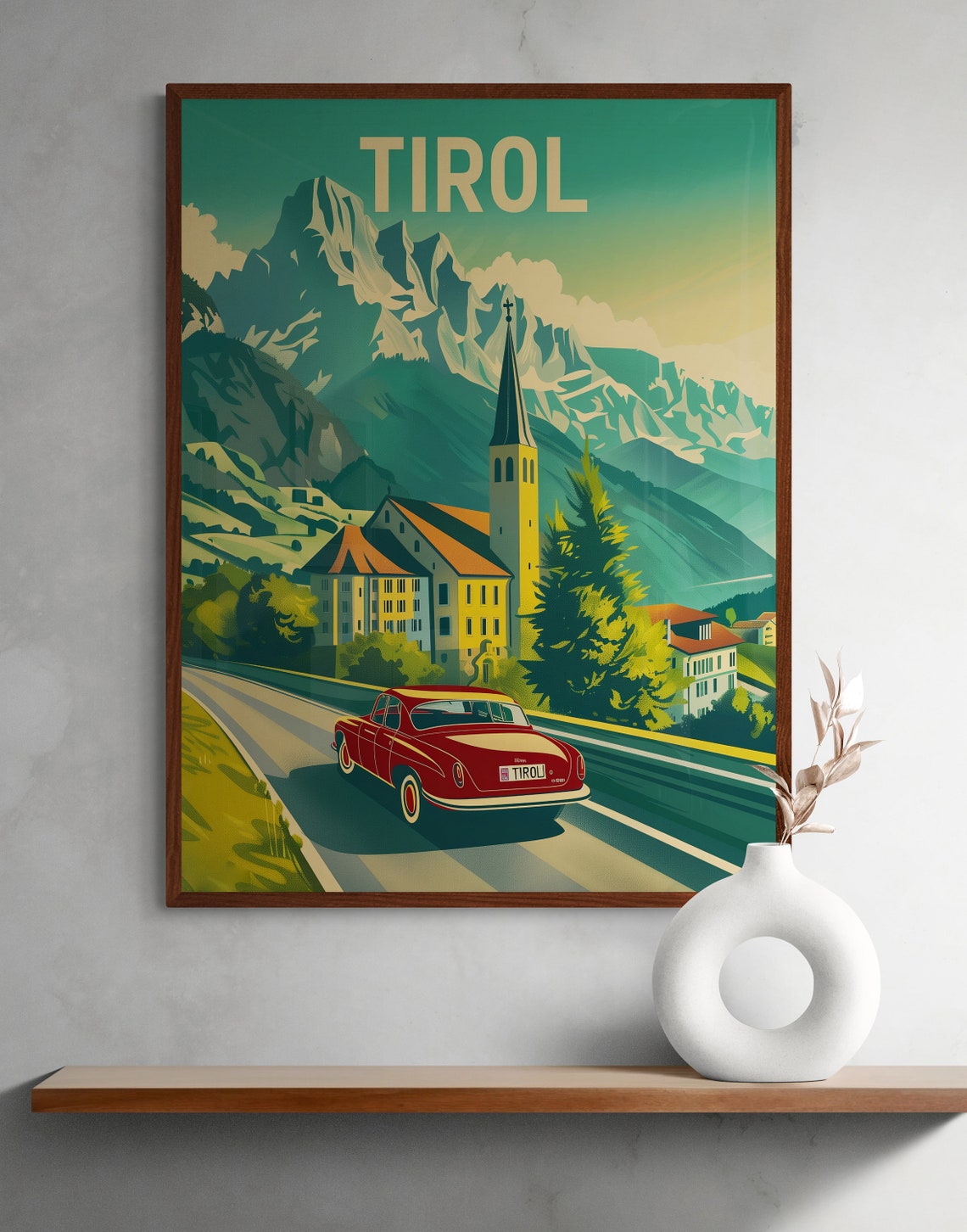 Tirol Alpine Village Church and Classic Red Car Vintage Travel Poster - Image 3