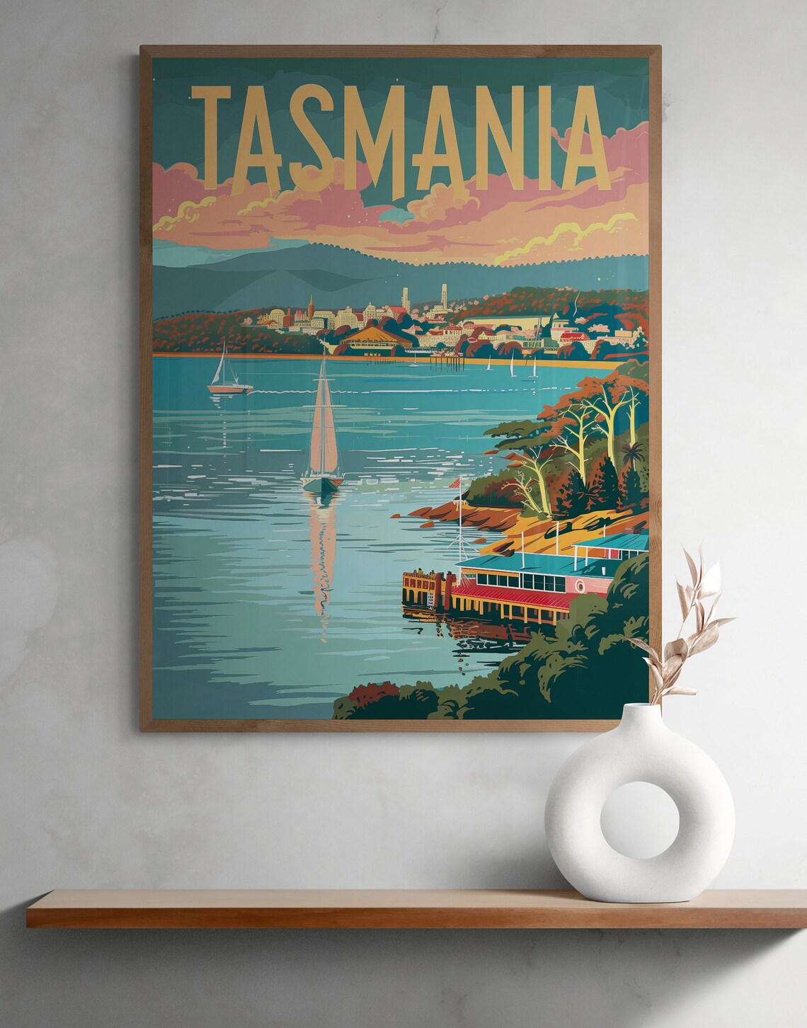 Tasmania Harbor Sailboats and Waterfront Town Vintage Travel Poster - Image 3