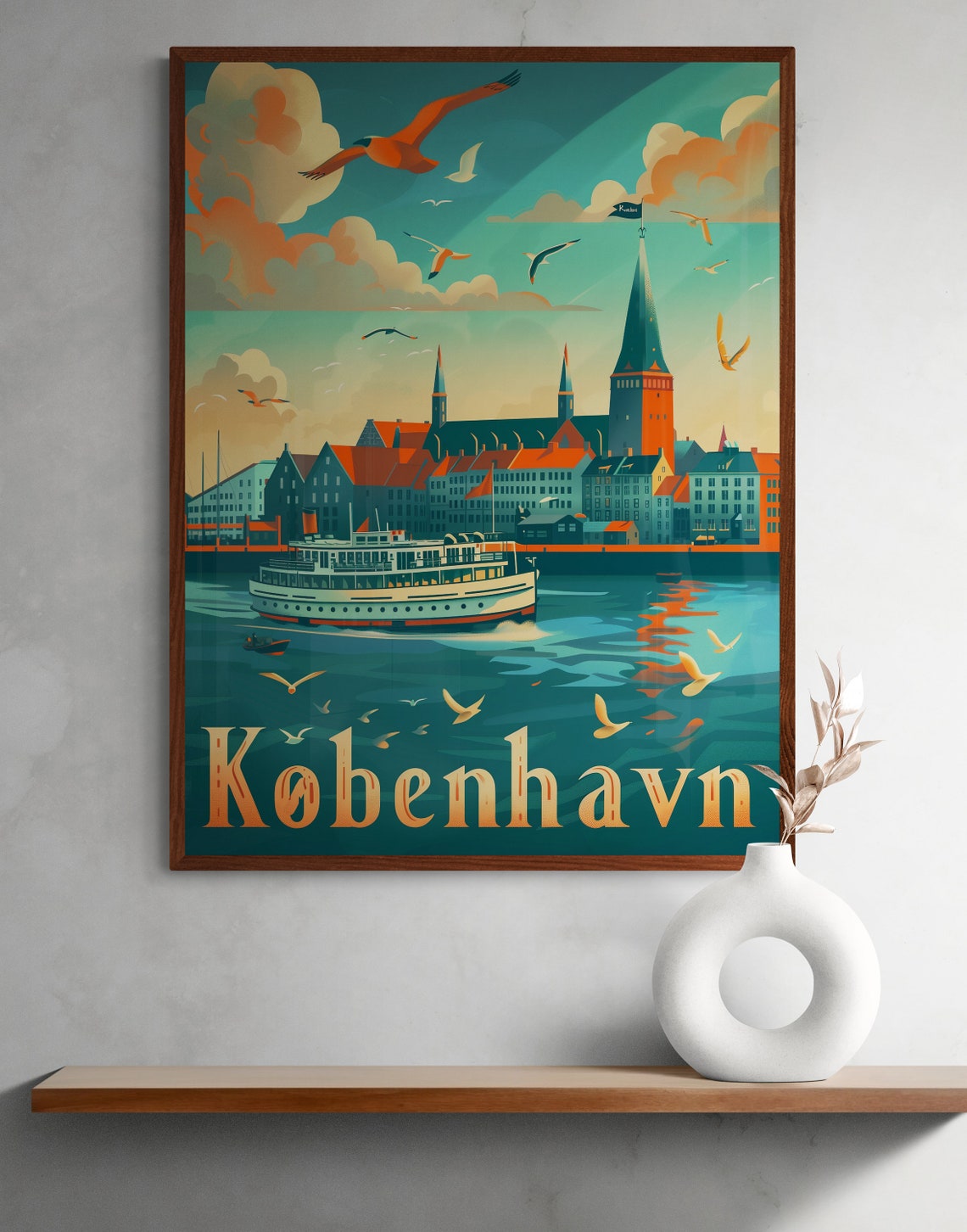 Copenhagen Harbor Ferry Ship Church Tower Seagulls Travel Poster