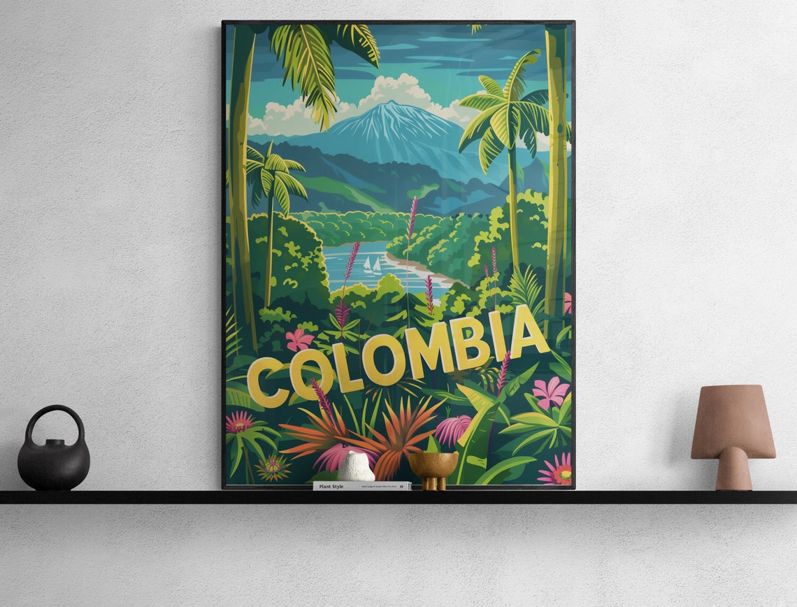 Colombia Lush Jungle Volcano Cove Sailboats Retro Travel Poster - Image 3