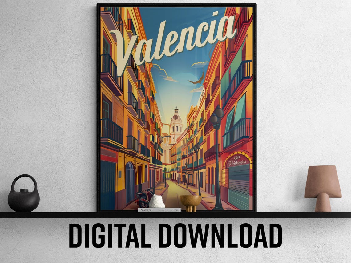 Valencia Spain Old Town Street Toward Cathedral Vintage Travel Poster