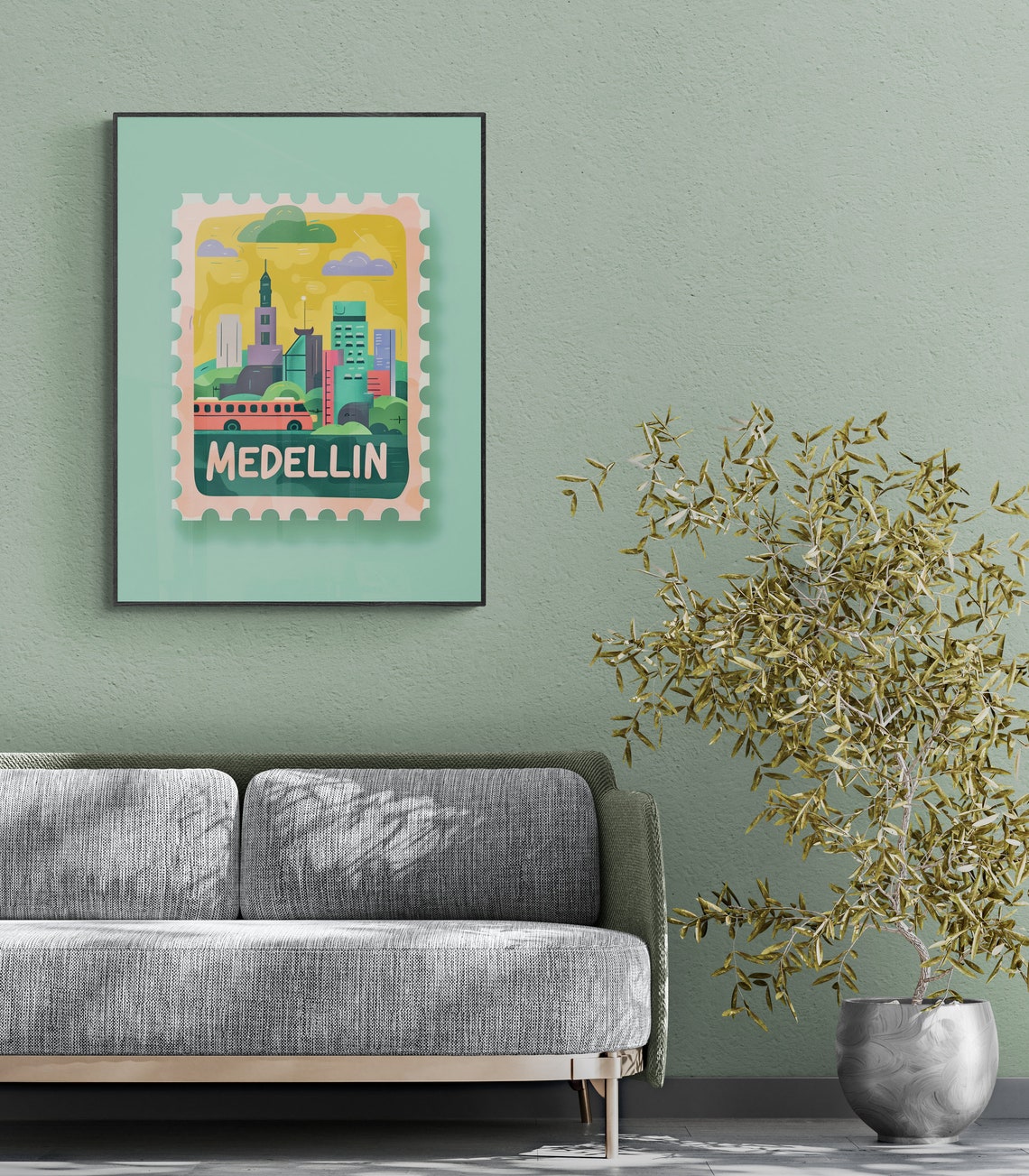 Medellin Colombia Skyline Red Bus Vintage Travel Stamp Poster - Image 2