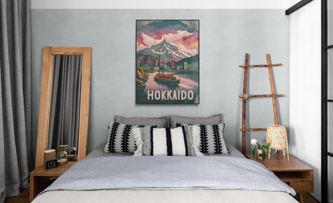 Hokkaido Japan Snowy Peak Lake Ferry Sunset Vintage Travel Poster - Image 3