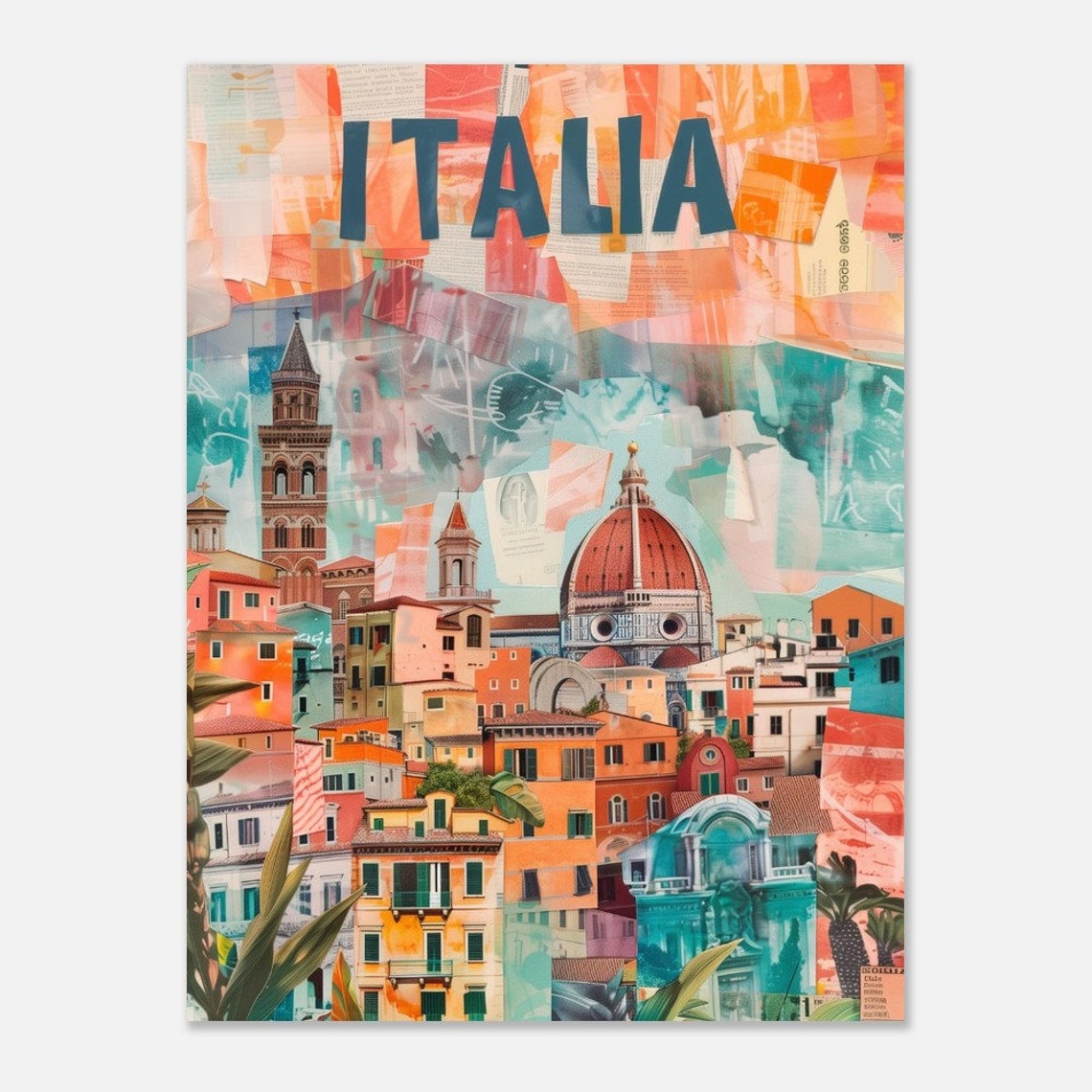 Italia Florence Duomo Dome Hill Town Painterly Collage Travel Poster - Image 2
