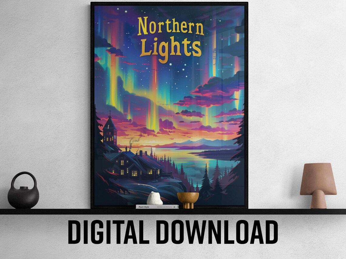 Northern Lights Aurora Over Snowy Village Church Night Travel Poster - Image 2