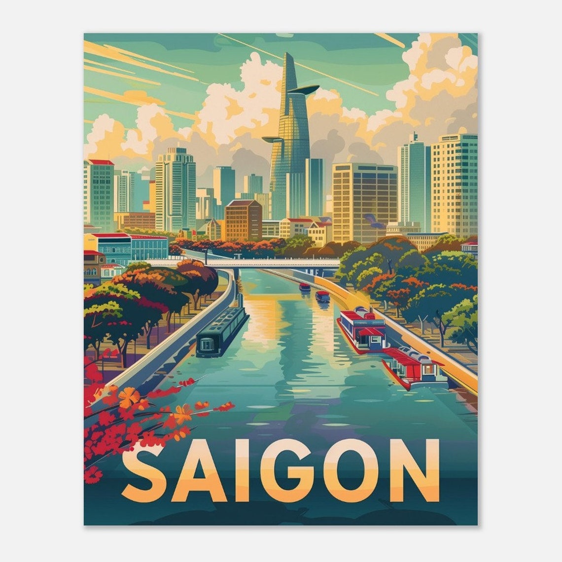 Saigon River Skyline Bitexco Tower Vintage Vietnam Travel Poster - Image 4