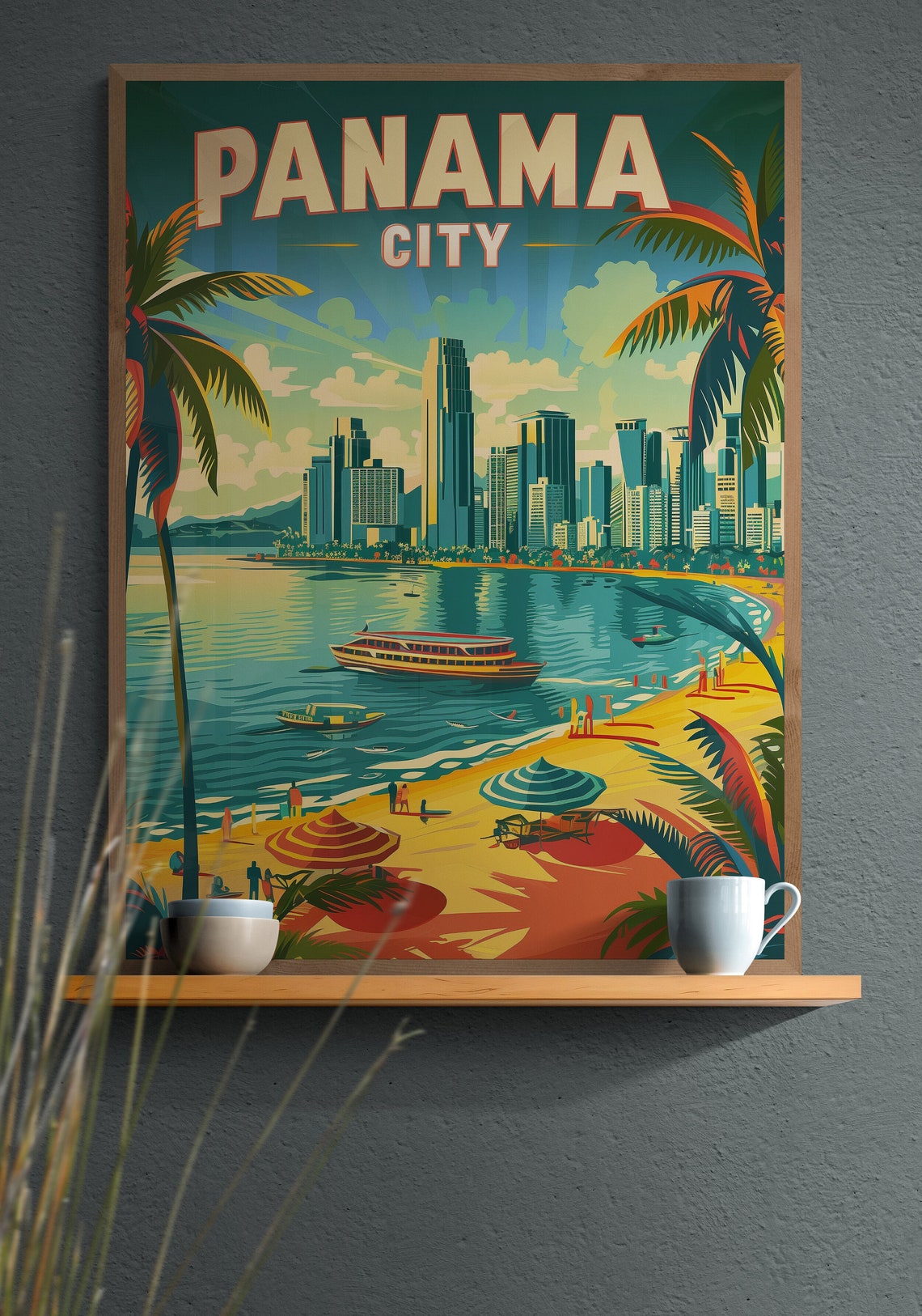 Panama City Beach Umbrellas and Skyline Vintage Tropical Travel Poster