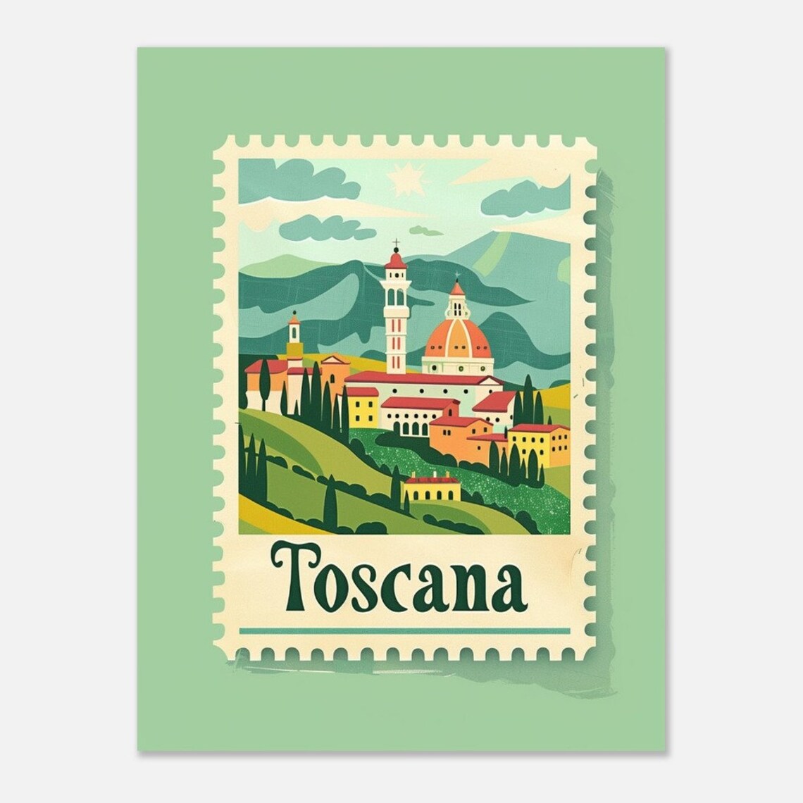 Tuscany Hill Town Cypress Trees Vintage Stamp Toscana Travel Poster - Image 2