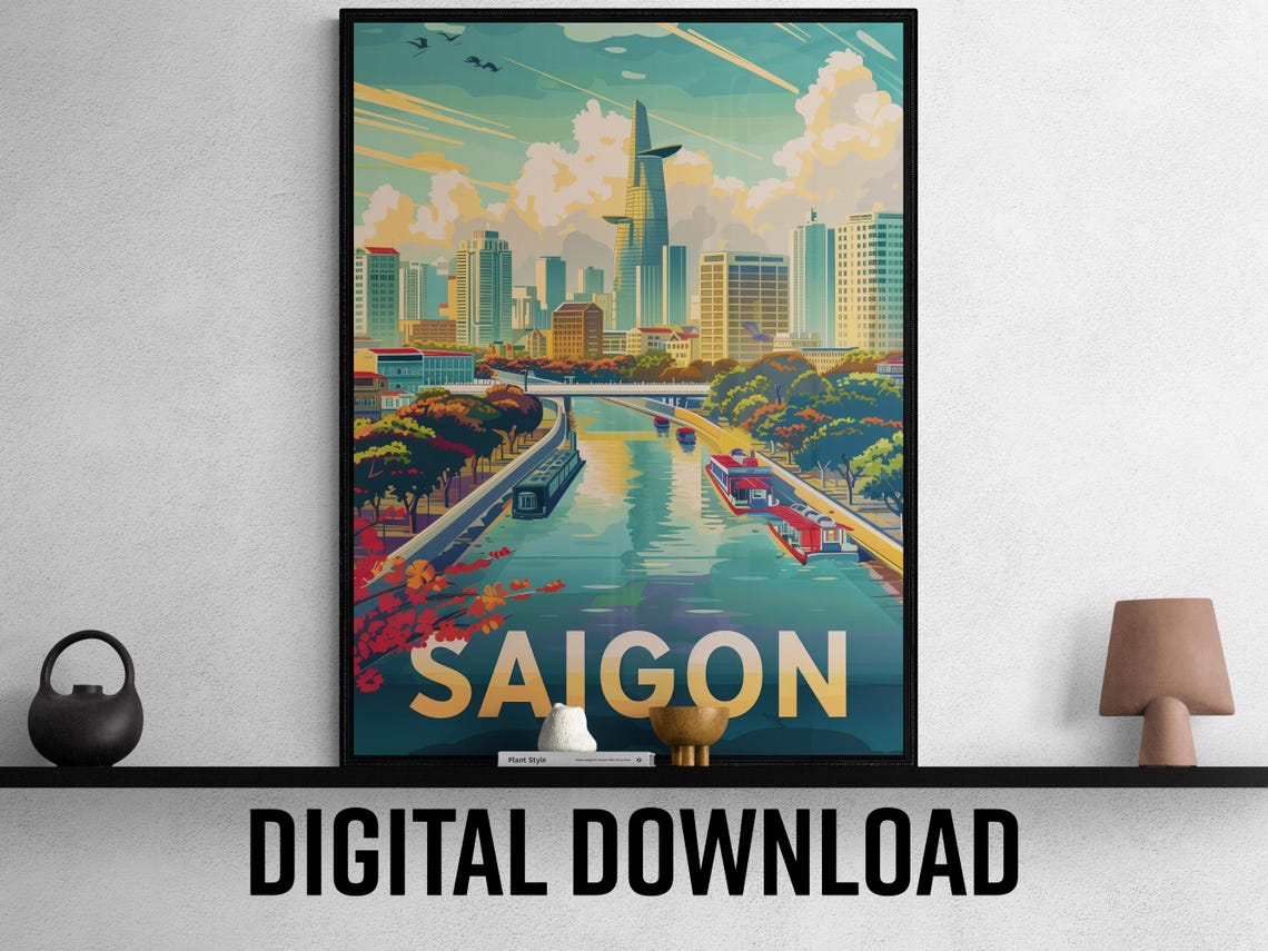 Saigon Vietnam Vintage Skyline River Sunset City Travel Poster