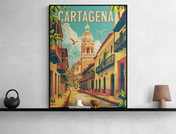 Cartagena Vintage Poster Colorful Retro Travel Art Home Decor Wall Print Unique Colombia Gift Idea