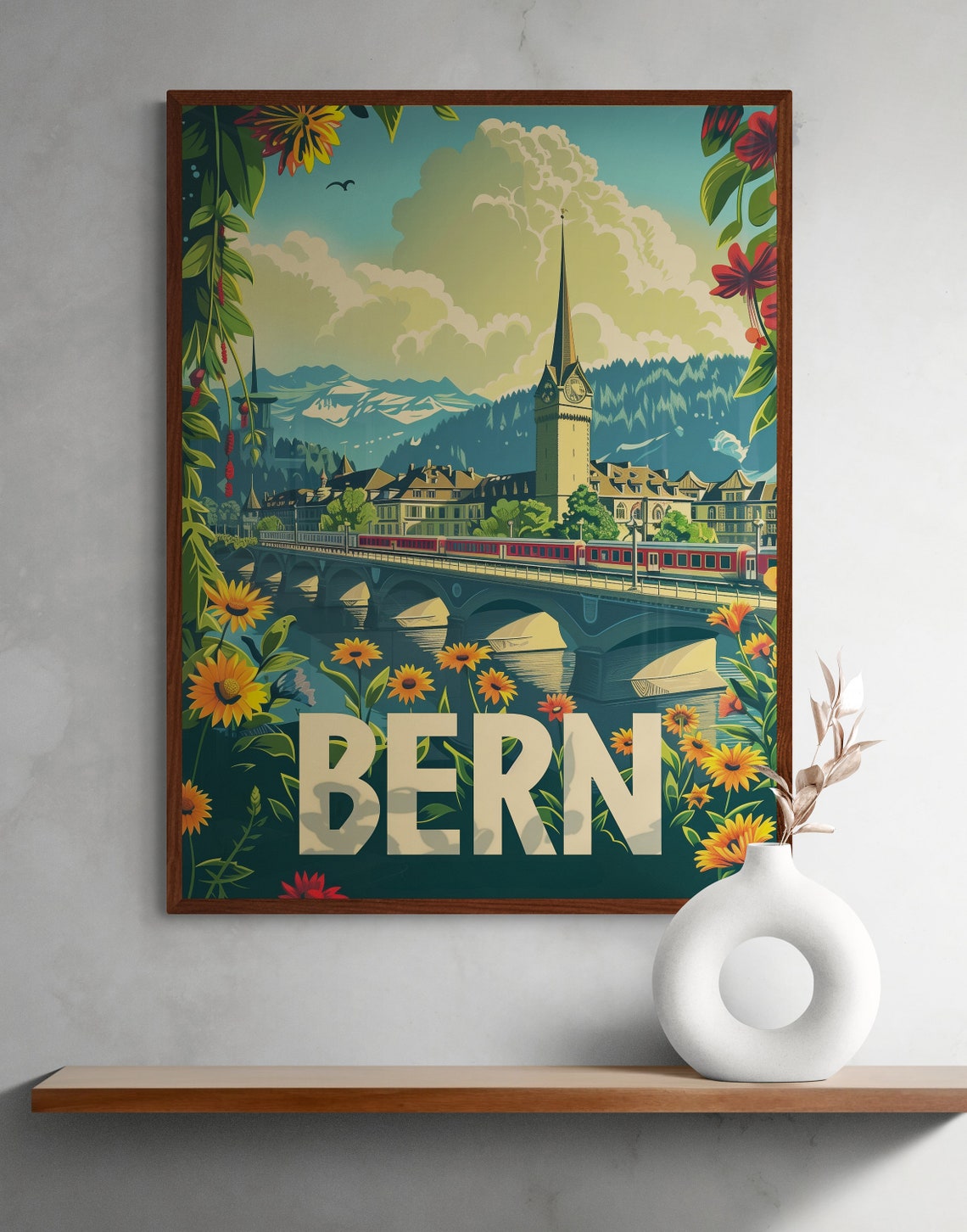 Bern Cathedral and Red Train Over Bridge Vintage Floral Travel Poster - Image 3