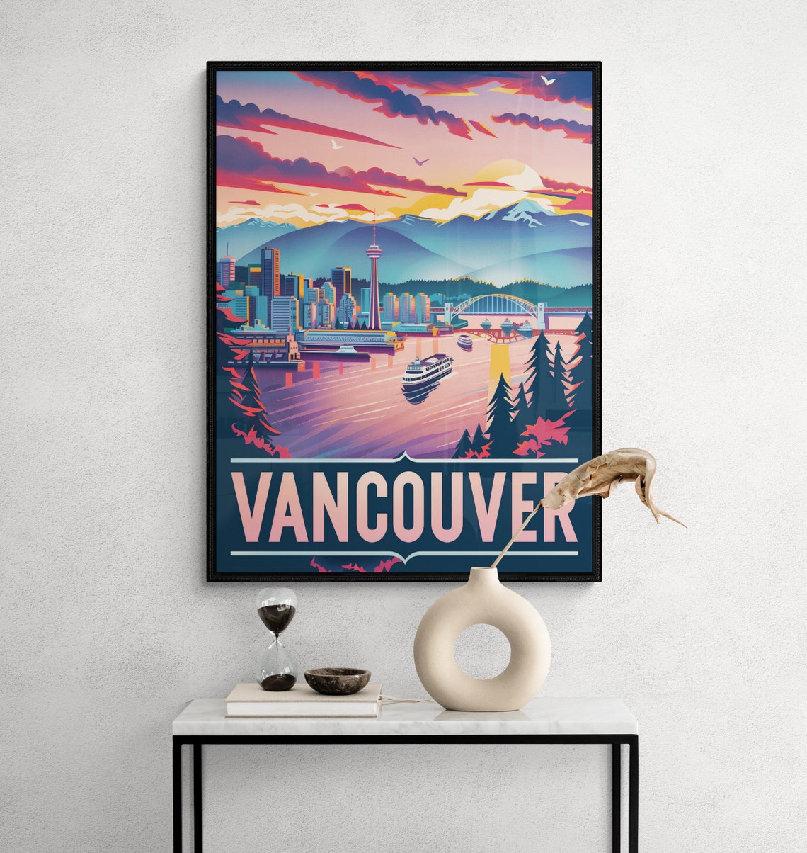 Vancouver Harbor Skyline Mountains Ferry Sunset Sky Travel Poster